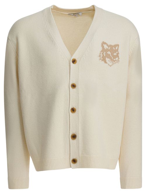 Fox Head Intarsia Merino Cardigan Knitwear Beige