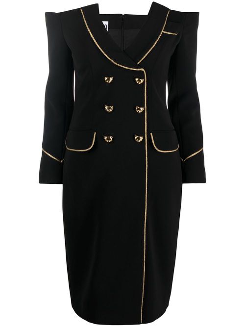 Teddy Bear-buttoned off-shoulder dress - Black