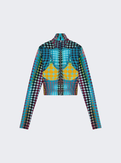 Re-edition: Cropped Zip-up Long Sleeve Top Blue Dots Print