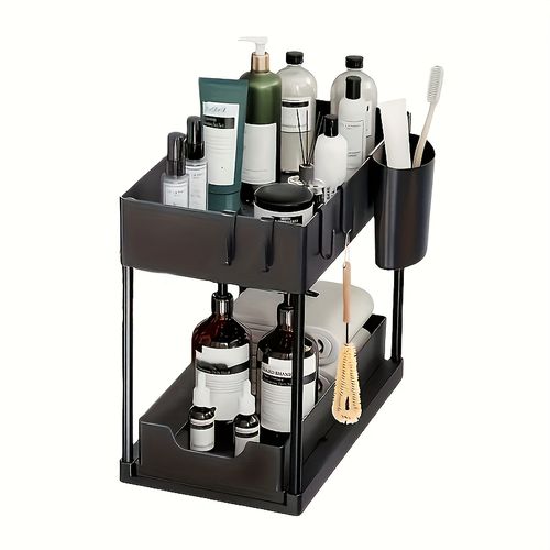 TEMU 2-layer Sink Storage Box With Sliding Drawers And Hooks, Black Plastic Kitchen Storage Basket For Storing Spices, Utensils, And Cleaning