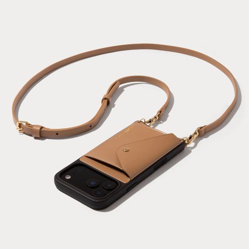 Donna Side Slot Crossbody Bandolier in Tan/Gold | 17 / iPhone Pro Max | Genuine Leather |