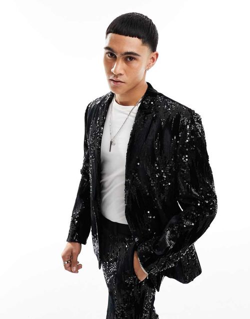 ASOS DESIGN slim scattered sequin suit jacket in black