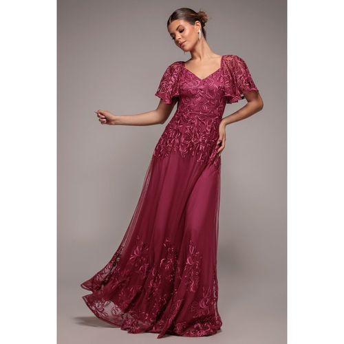 Goddiva Lace Flutter Sleeve Embroidered Mesh A Line Maxi Dress - Burgundy