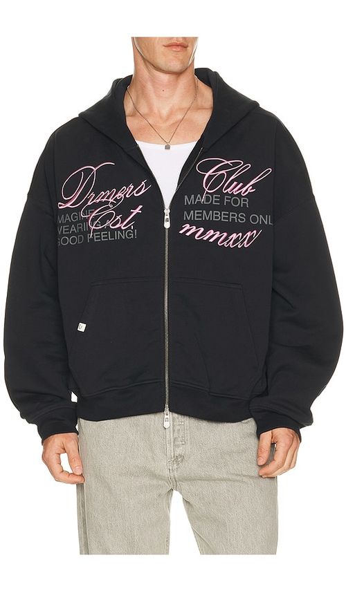DRMERS CLUB Cursive Zip Up Hoodie in Black. S. Also in M, L, XL/1X