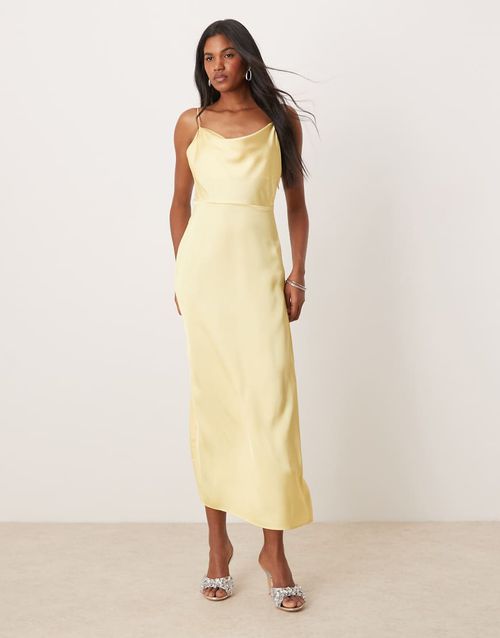 Satin cowl neck maxi dress in banana yellow