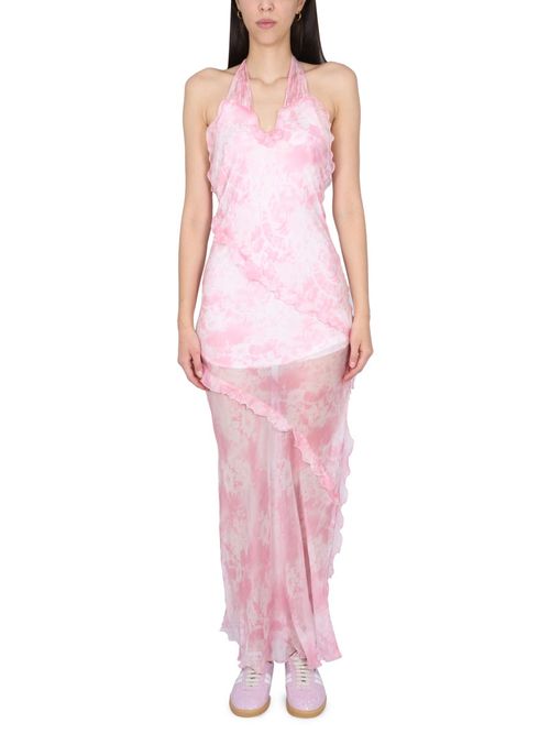 Silk Chiffon Long Dress with "trompe L'oeil Lace" Print