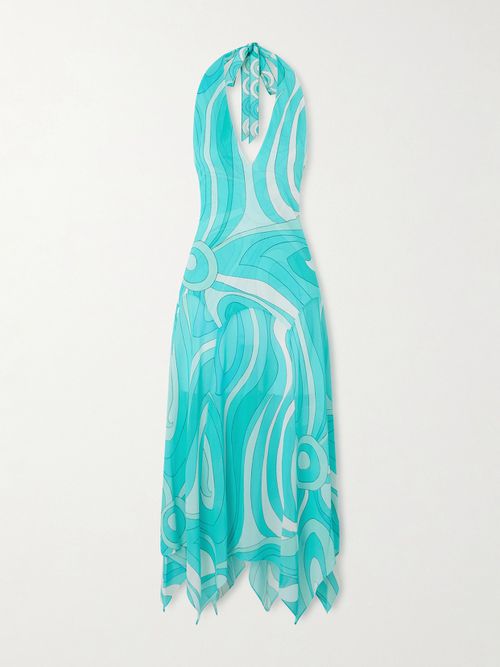 Printed Silk Twill-trimmed Crepe-jersey Halterneck Midi Dress - Blue
