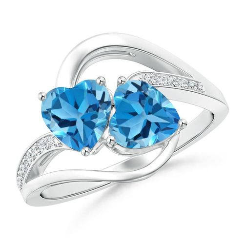 Angara 1.84 Carats Two Stone Heart Swiss Blue Topaz Bypass Ring with Diamonds in Platinum