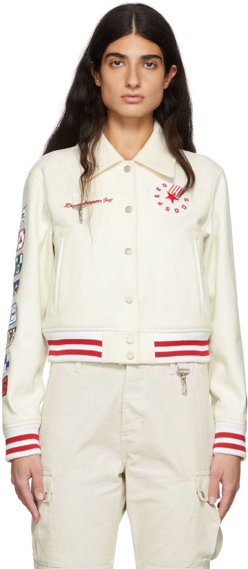 Off white wool varsity bomber jacket