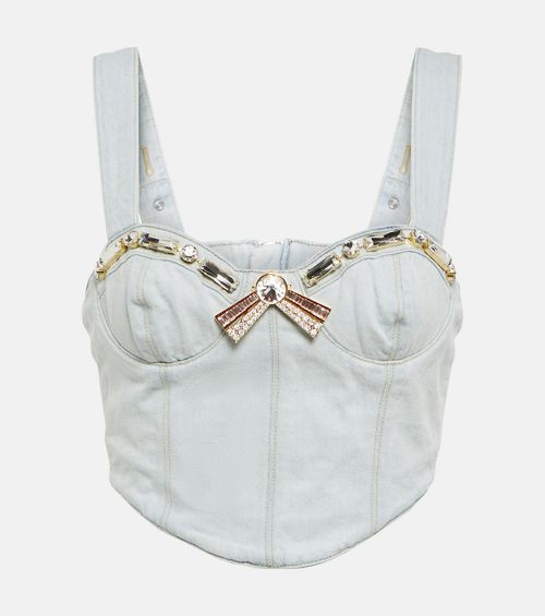 Crystal-embellished denim crop top
