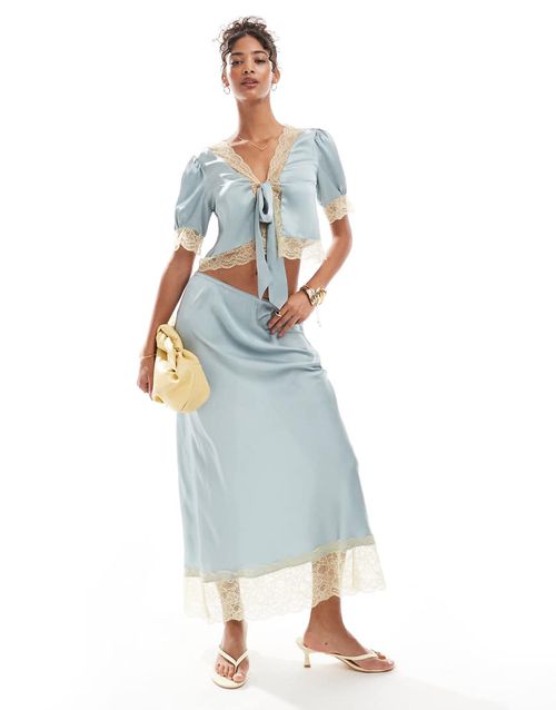 Satin midi skirt with lace hem in blue - part of a set-Green