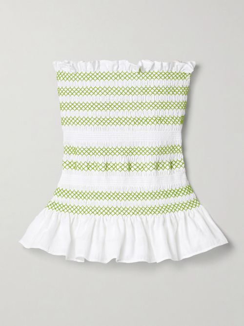 Lynne Strapless Ruffled Smocked Cotton-blend Voile Peplum Top - White