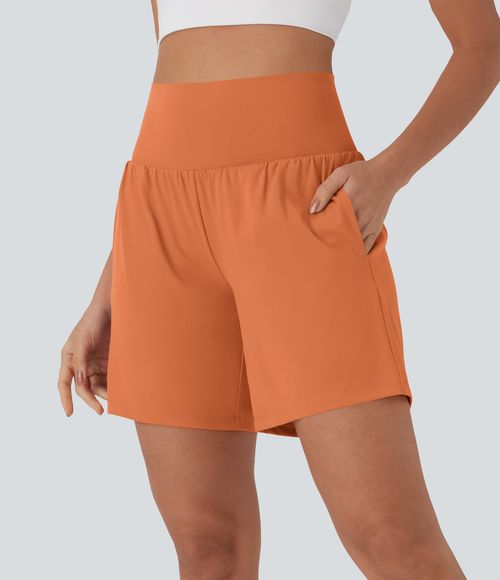 "Softlyzero™ Airy Super High Waisted 2-in-1 Cool Touch Yoga Shorts 7"" with Pockets Gym Short - Dusty Orange