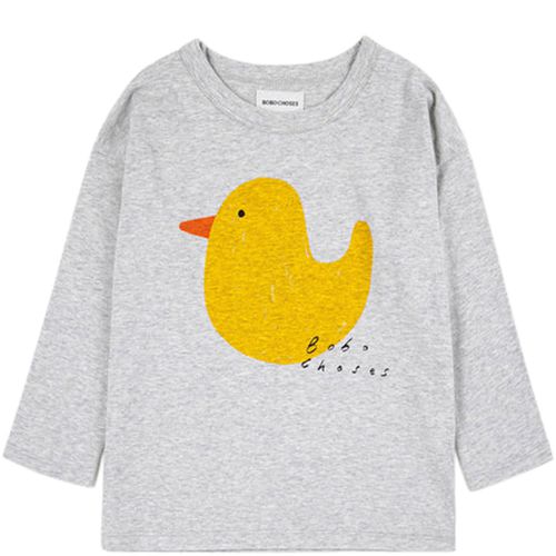 Grey T-shirt For Kids With Duck Print And Logo