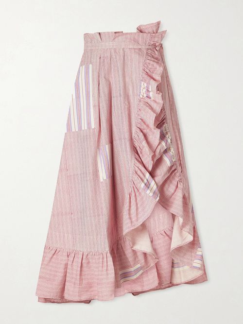 Tasha Ruffled Striped Cotton-voile Wrap Midi Skirt - Pink