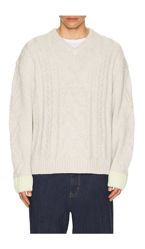 Scotch & Soda V-Neck Chunky Cable Loose Fit Pullover in Grey. S. Also in L, M, XL/1X