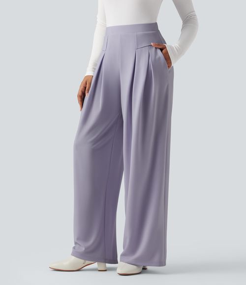 High Waisted Work Wide Leg Pants with Pockets  - Lavender Aura