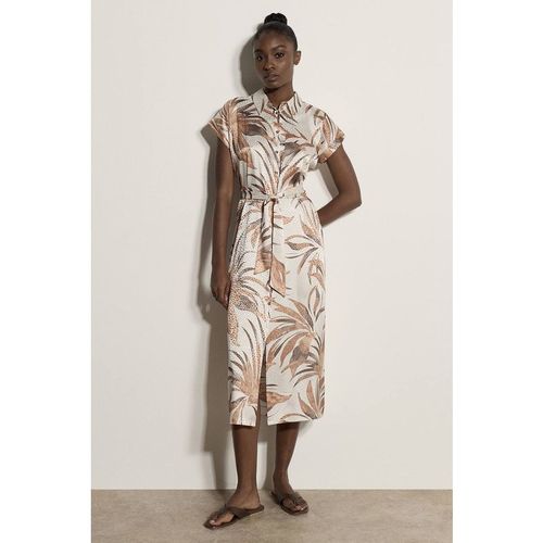 Apricot Tropical Leaf Satin Shirt Midi Dress In Stone