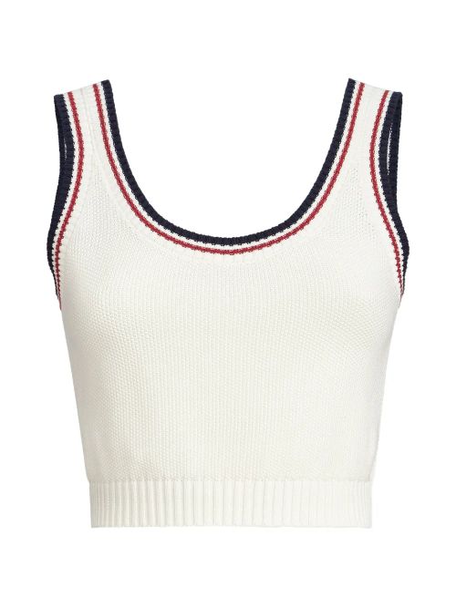 Striped-Trim Piqué Cotton Tank Top — White