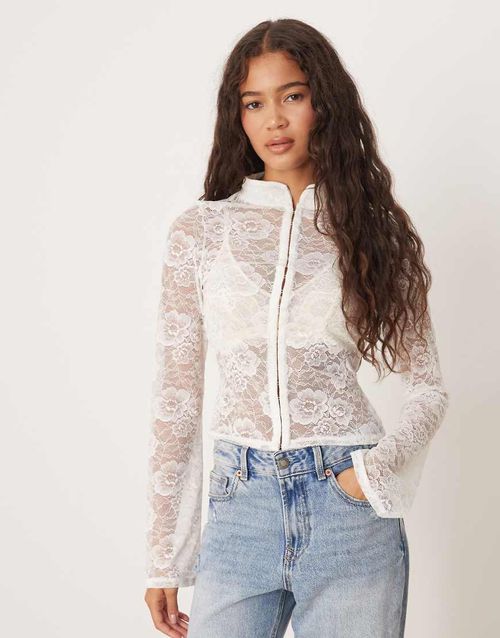 High neck long sleeve lace top in ivory-White