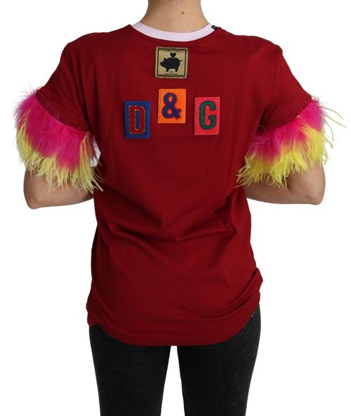 Pig Print Feather Sleeves T-Shirt — Red