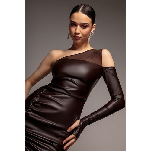 Goddiva One Shoulder Faux Leather Mini Dress - Brown
