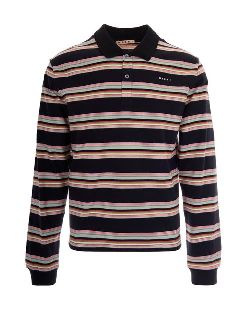 Striped Cotton Knit Polo Shirt — Black