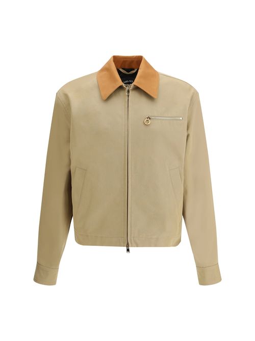 Contrast Leather Collar Cotton Jacket — Beige