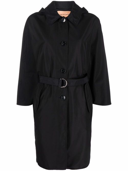 Belted-waist hooded coat - Black