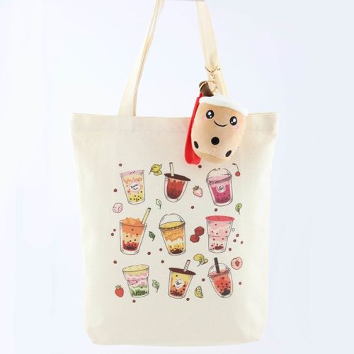 Boba Tea Tote Bag – Cream Canvas with Keychain & Enamel Pin