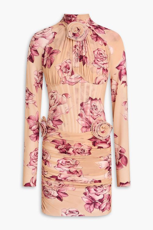 Floral-appliquéd printed cupro-blend jersey mini dress - Neutral - FR 34