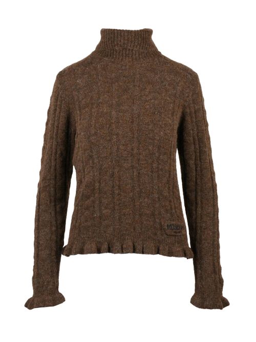 High Neck Knit Sweater with Textured Cable Knit and Ruffled Details