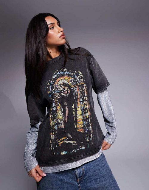 Liquor N Poker sequin sleeve oversized t-shirt with motif detail top in charcoal-Grey
