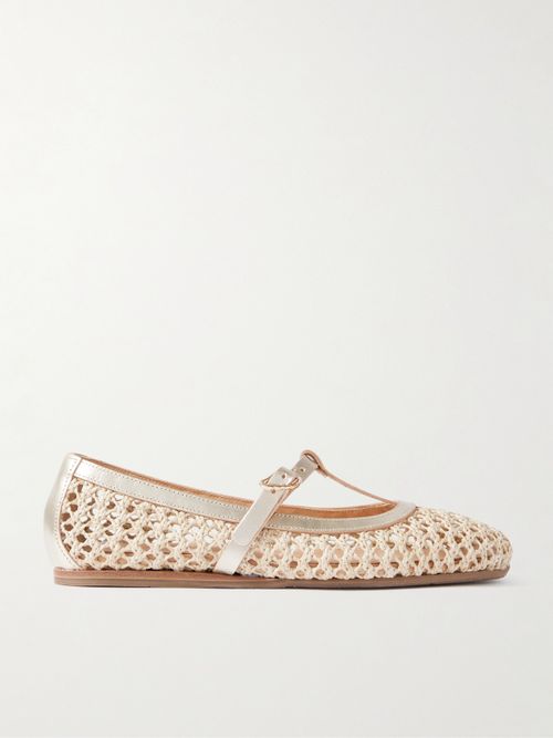 Aerati Metallic Leather-trimmed Woven Raffia Ballet Flats - Cream