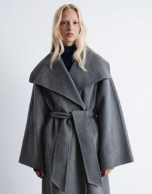 & wool belted maxi coat with funnel neck in gray