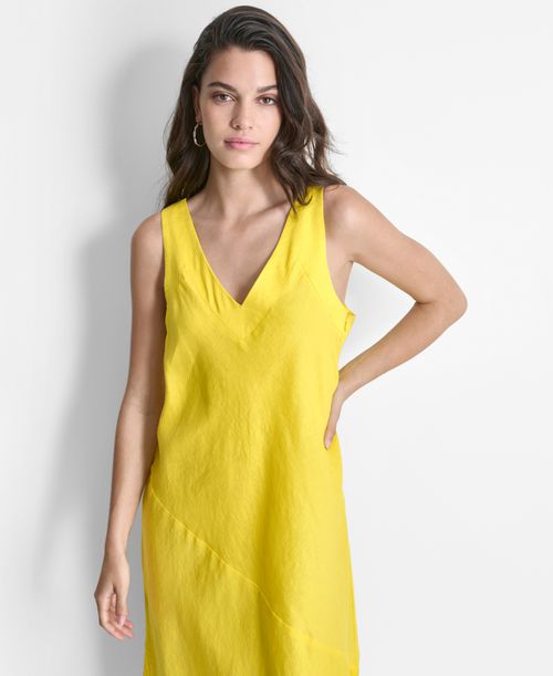Women's Linen Panelled V-Neck Midi Dress - Acid Yello