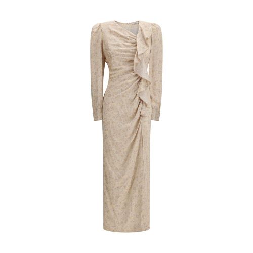 Floral Silk Draped Dress — Beige