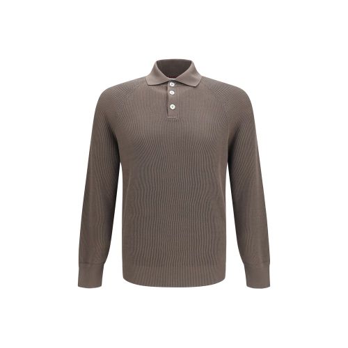 Ribbed Knit Cotton Polo Shirt — Brown