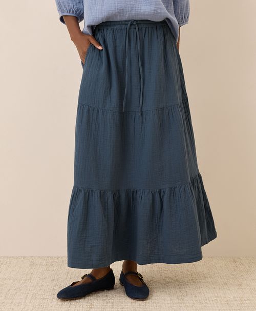 Women's French Navy Coastal Double Gauze Tiered Maxi Skirt