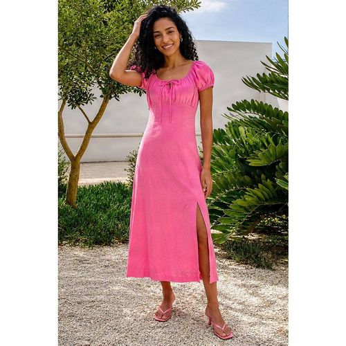 Roman Women's Puff Sleeve Linen Mix Midi Dress in Pink