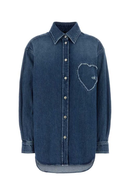 Heart-Embroidered Denim Shirt — Blue