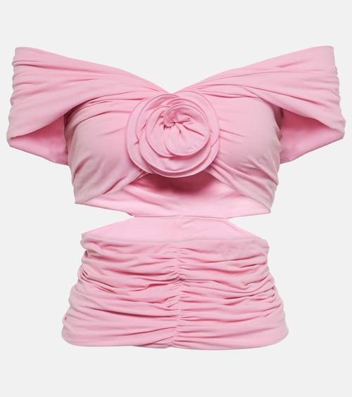 Floral-appliqué ruched off-shoulder top