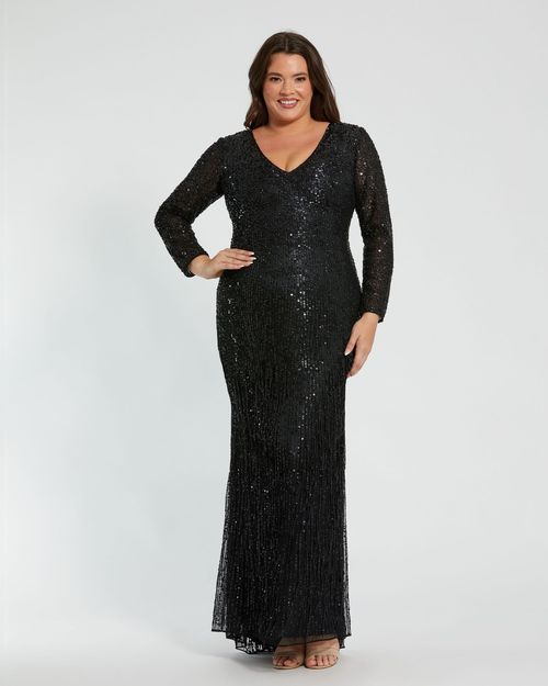 Plus Size Long Sleeve V-Neck Beaded Fringee Maxi Gown In Black