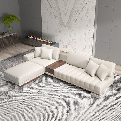 Modulares, weißes Ecksofa aus Leder in L-Form, 126 Zoll, mit Stauraum, Beistelltisch und Ottomane