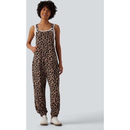 Halara Adjustable Straps Leopard Print Waffle Casual Jogger Dungarees with Pockets - Noir Safari - XLregular