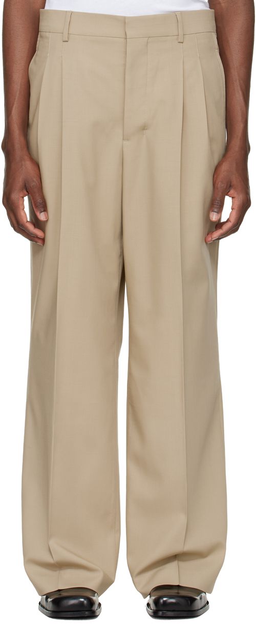 Beige New Wool Low Waist Wide Trousers