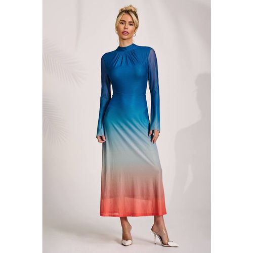 Jolie Moi Women's Long Sleeve High Neck Mesh Dress in Blue