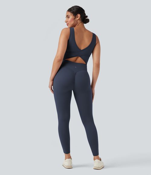 UltraSculpt™ V Neck Tummy Control Butt Lifting Workout Jumpsuit with Pockets Workout Dress - Mood Indigo
