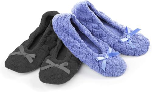 Isotoner Women's 2 Pack Microterry Ballerina Slippers with Satin Bow