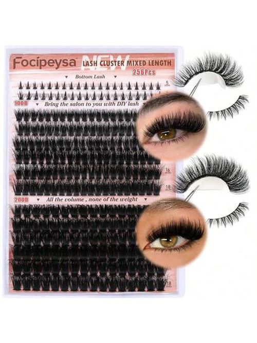 Focipeysa Eyelash Clusters 100D 200D Lashes Extensions With Bottom Lash Volume Lash Clusters 256pcs Individual Eyelash Extensions 12- Mixed Eyela